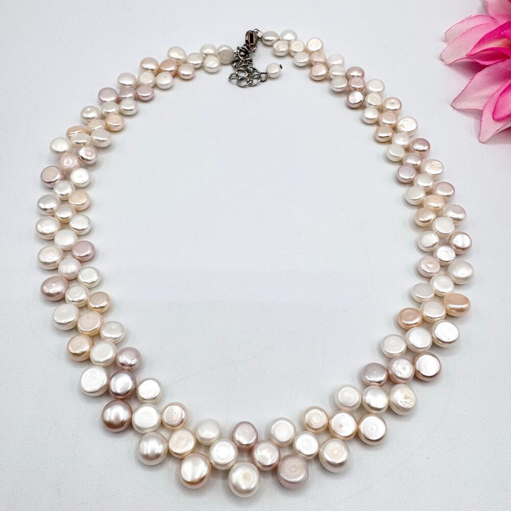 Layered Genuine Button Pearl Necklace Cream Peach Pink Wedding Season Bridal - Picture 5 of 15